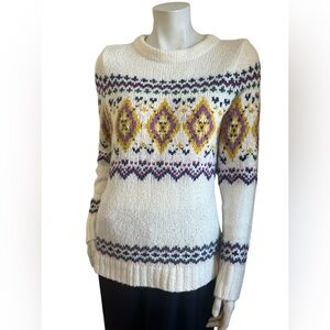 Talbots Fair Isle Crewneck Sweater Ivory Nordic WInter Pattern Wool Blend Sz M